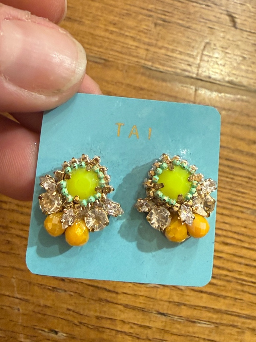 Gold-Tone Green and Orange Crystal Cluster Stud Earrings - Picture 3 of 4